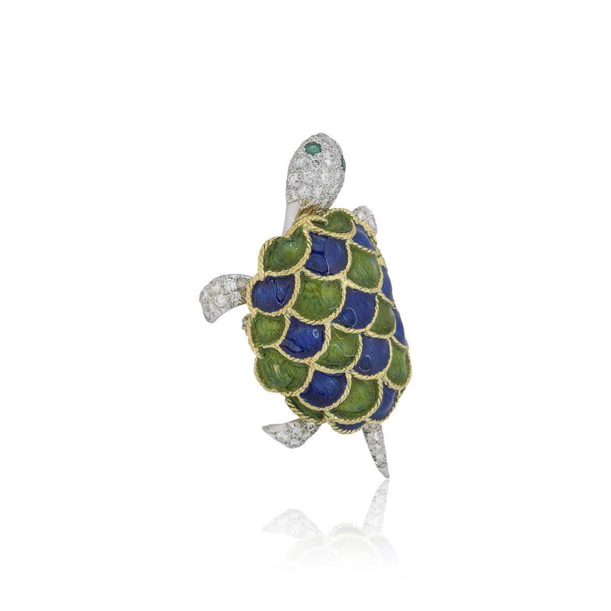 Yellow and White Gold Enamel and Diamond Turtle Brooch